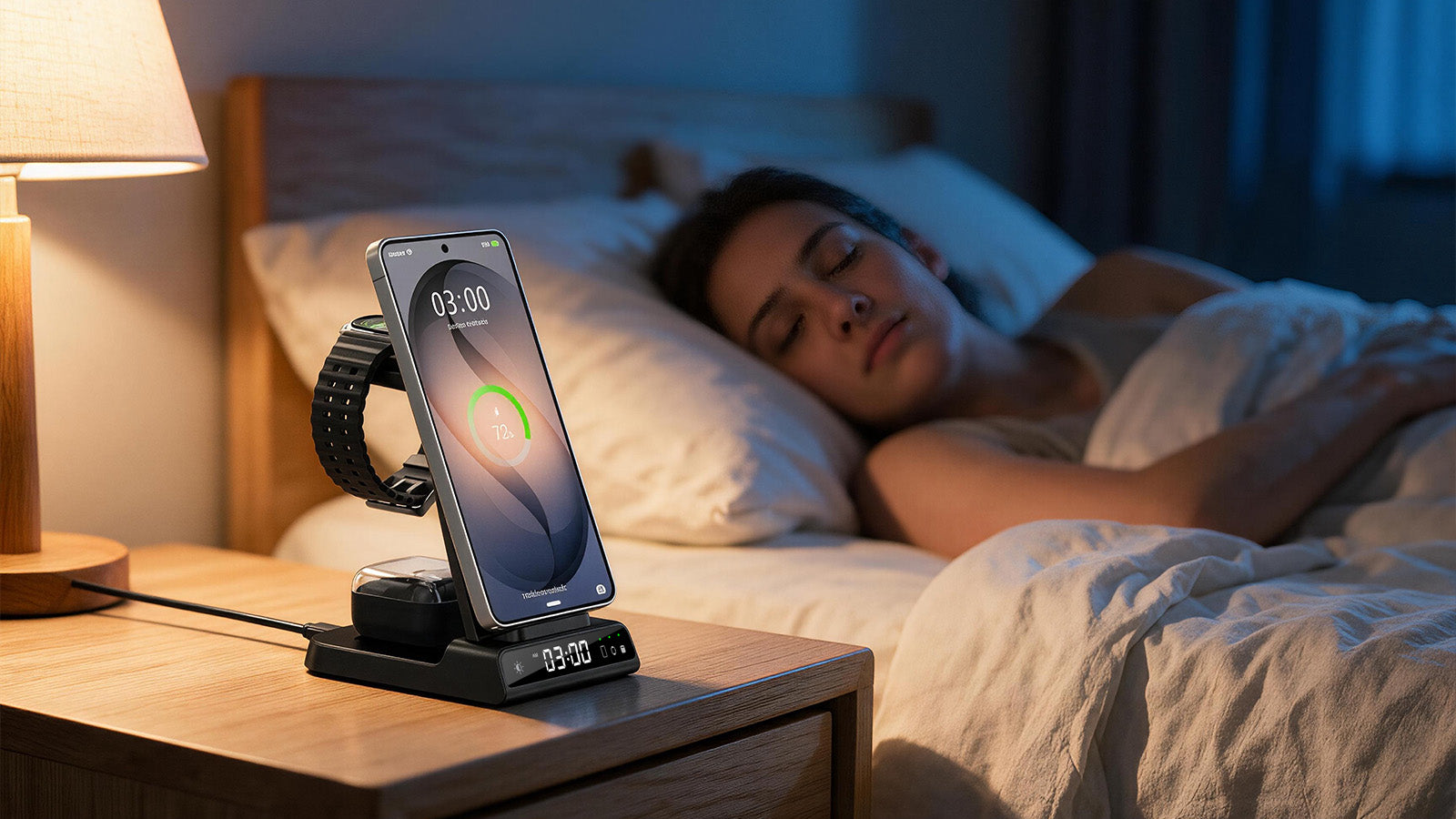 Samsung phone and watch charging on a quiet bedside table