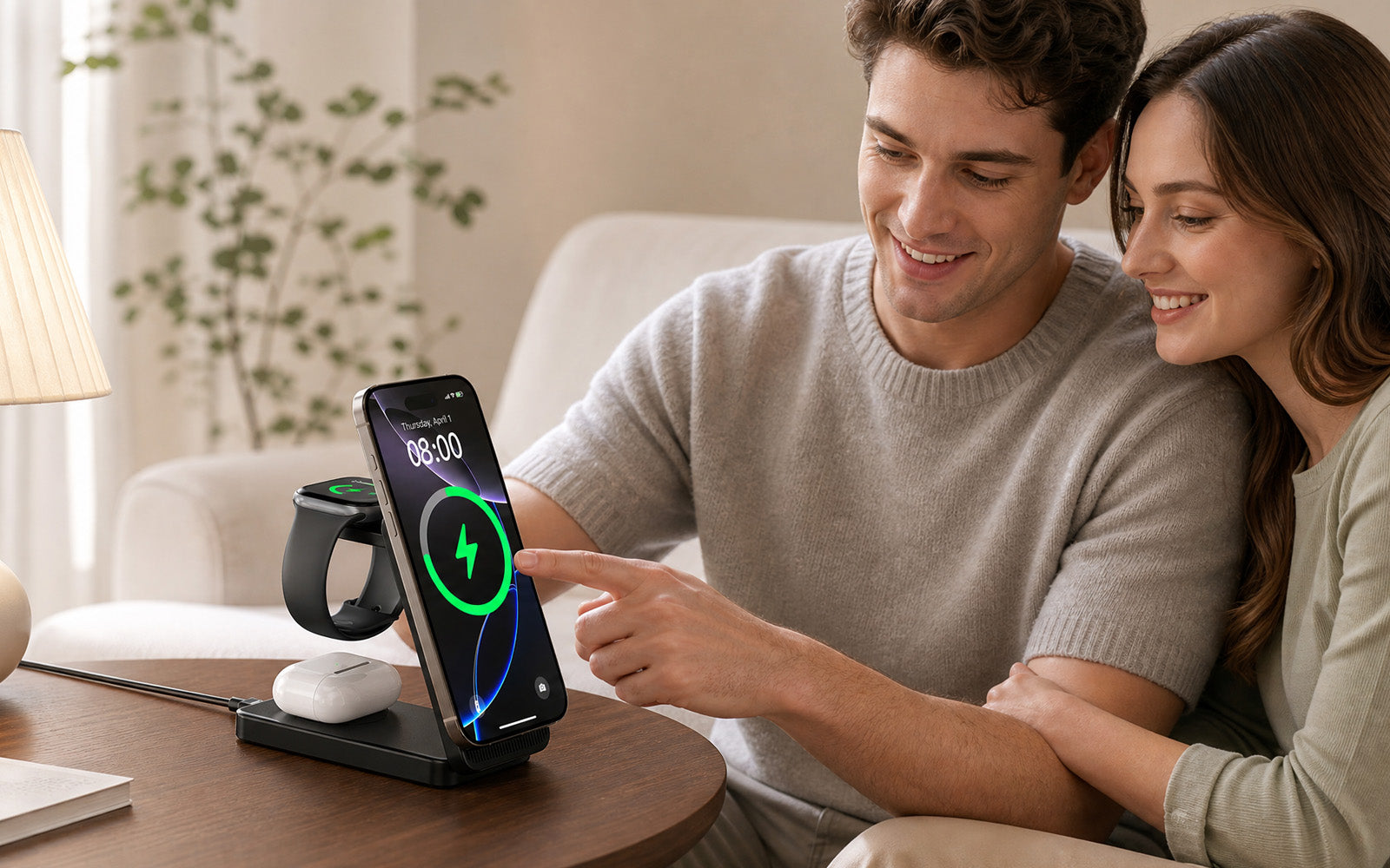 Couple charging devices together at home