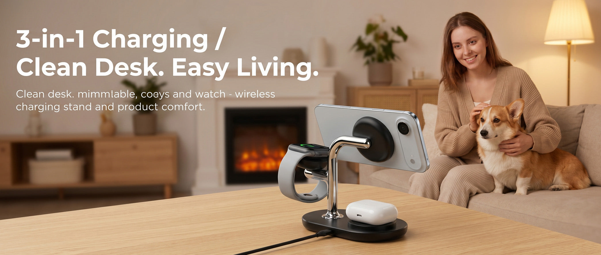 Minimalist 3-in-1 charger in a cozy home setting