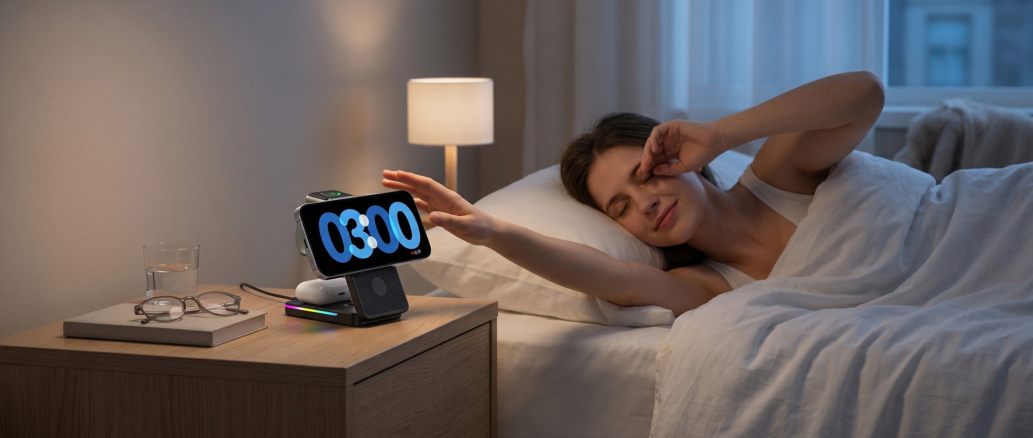 Bedside lamp with integrated 3-in-1 wireless charger