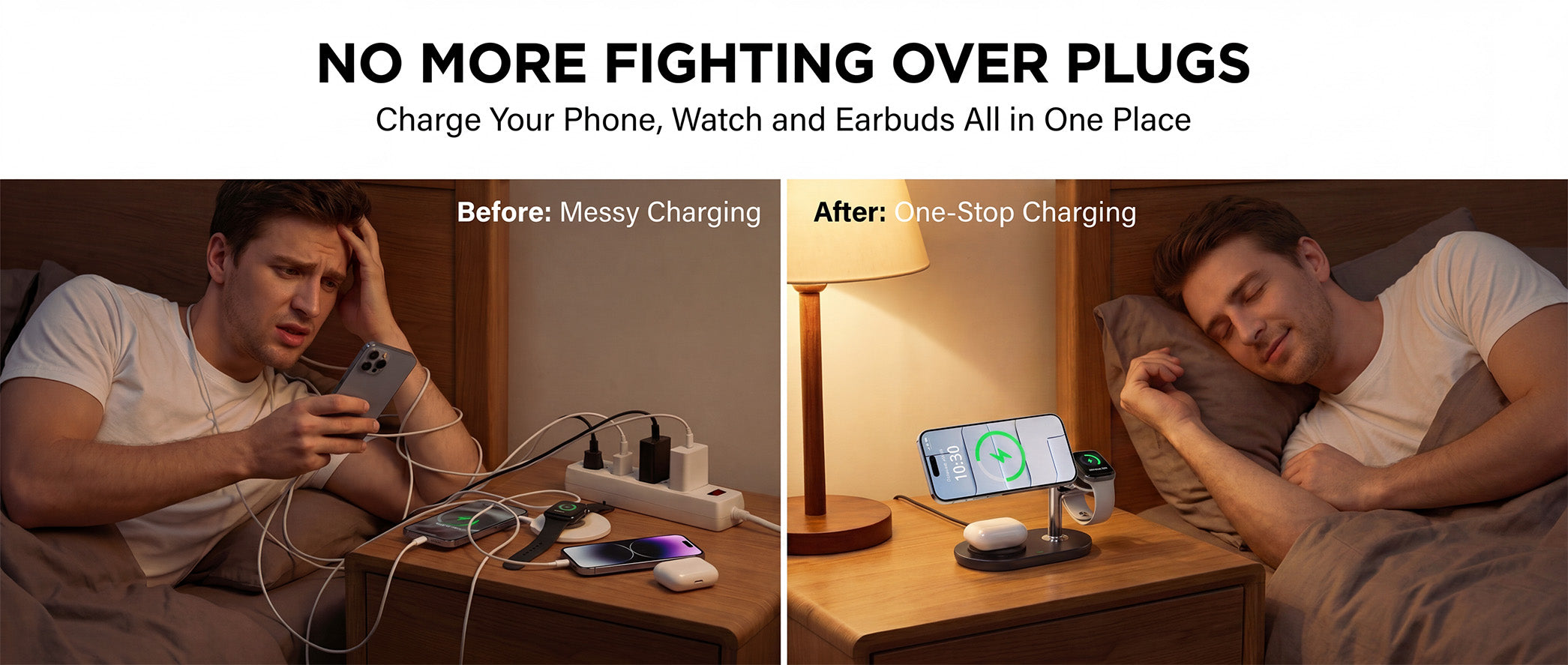 Elecdov CE15 3-in-1 charging station on peaceful bedroom nightstand
