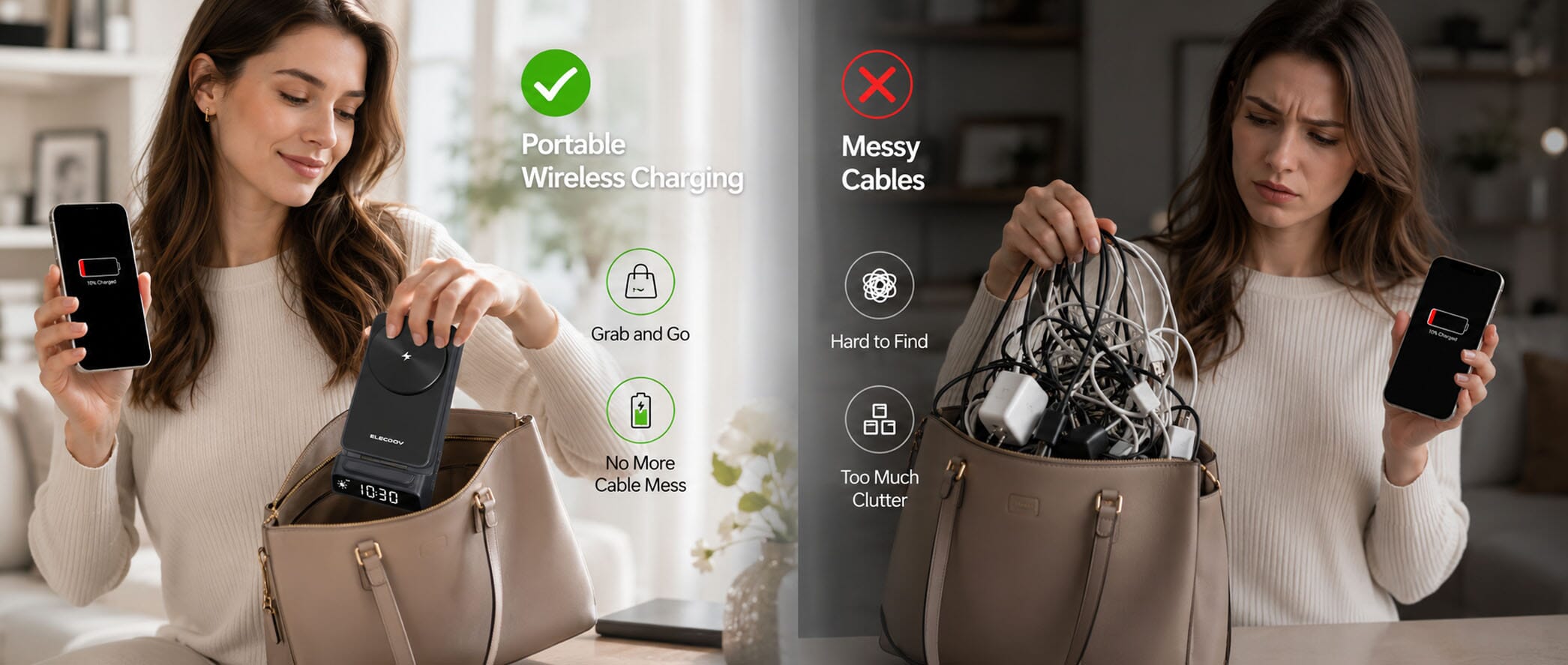 Portable charger with cables and clutter versus a clean grab-and-go setup