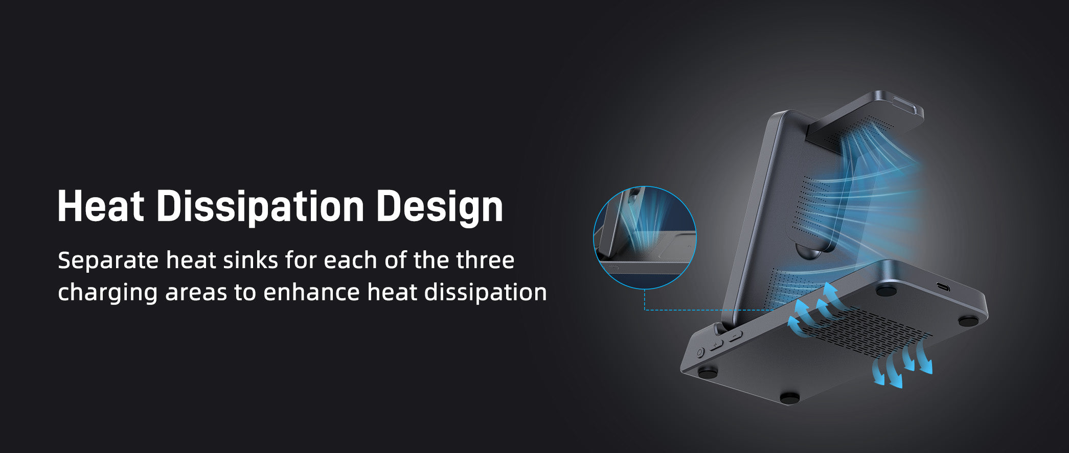 Charging station internal heat dissipation design with separate heat sinks for triple charging zones