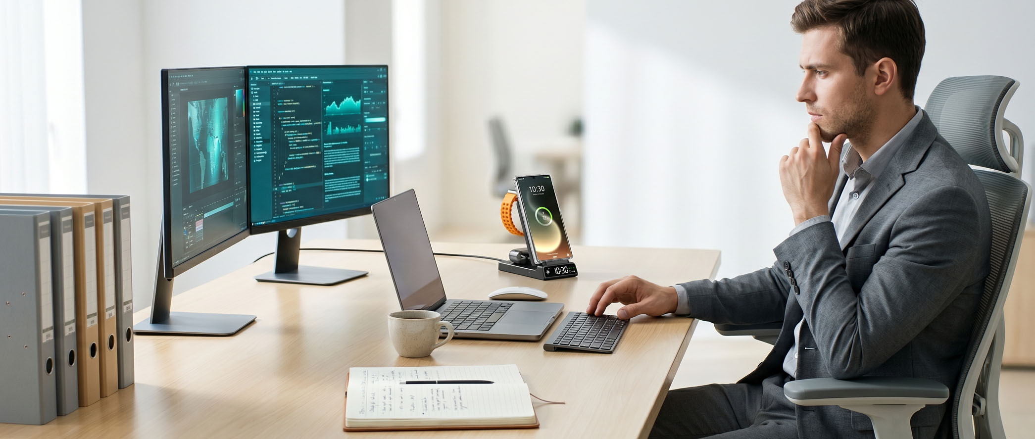 Dual monitor professional office desk with wireless charging stand holding a phone
