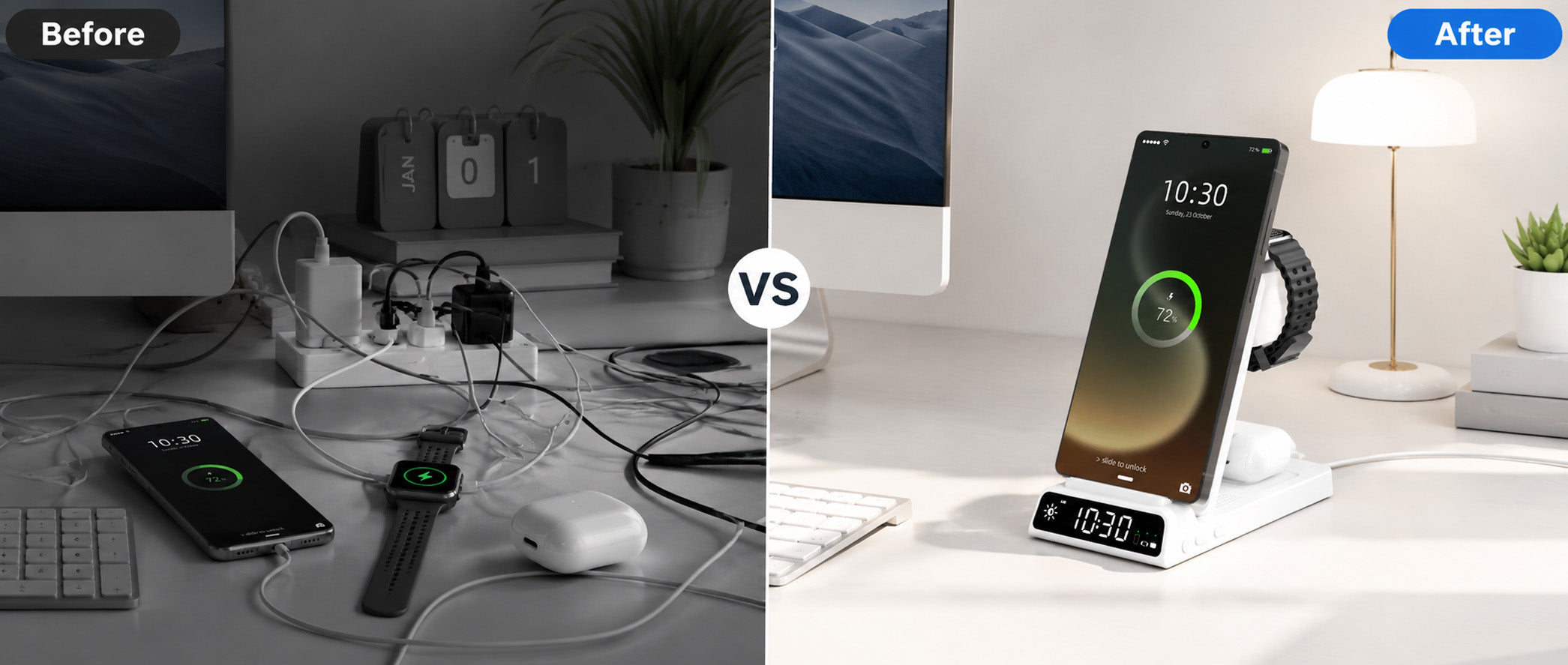 Before and after comparison of a desk decluttered by a 3-in-1 wireless charging stand