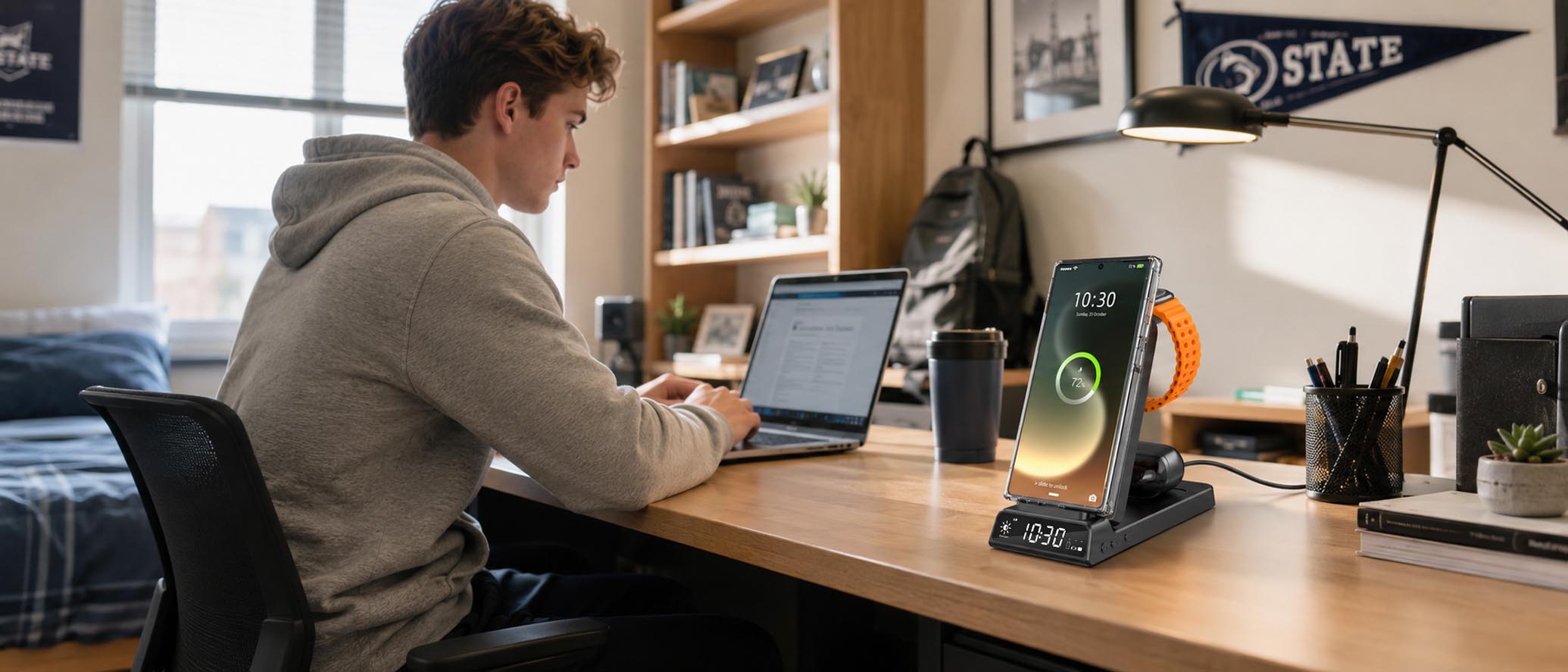 Elecdov CE20S triple wireless charging station in enterprise desk environment
