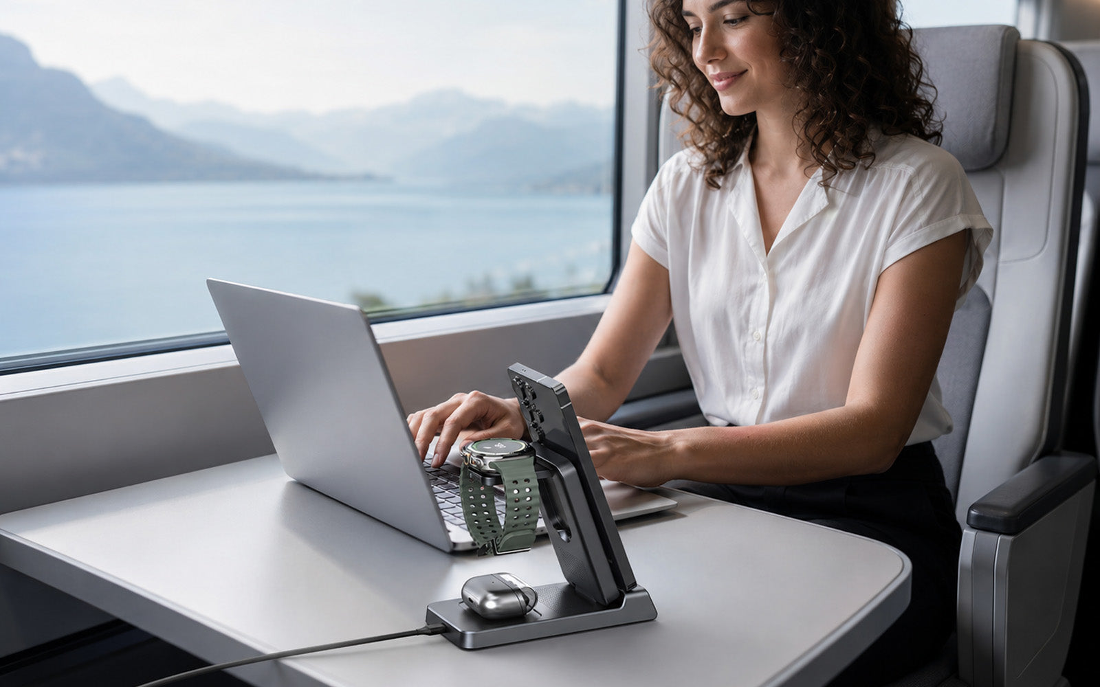 Traveller working on a laptop on a high-speed train with an Elecdov 3-in-1 wireless charging station
