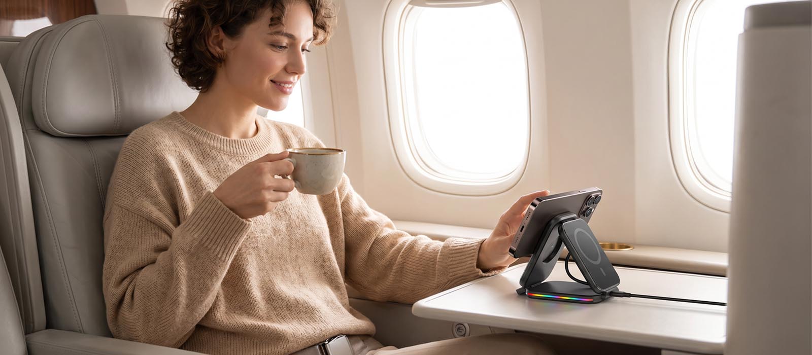 Portable wireless charging stand for travel and in-flight creator use