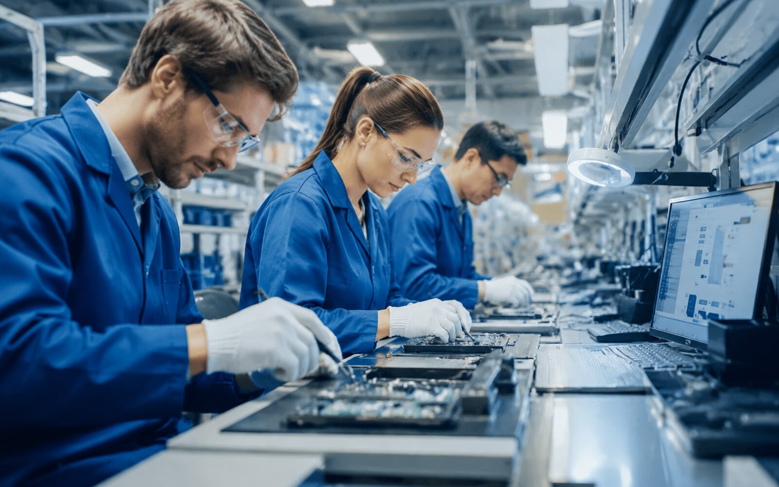Factory production line with technicians performing quality control on wireless charging circuit boards