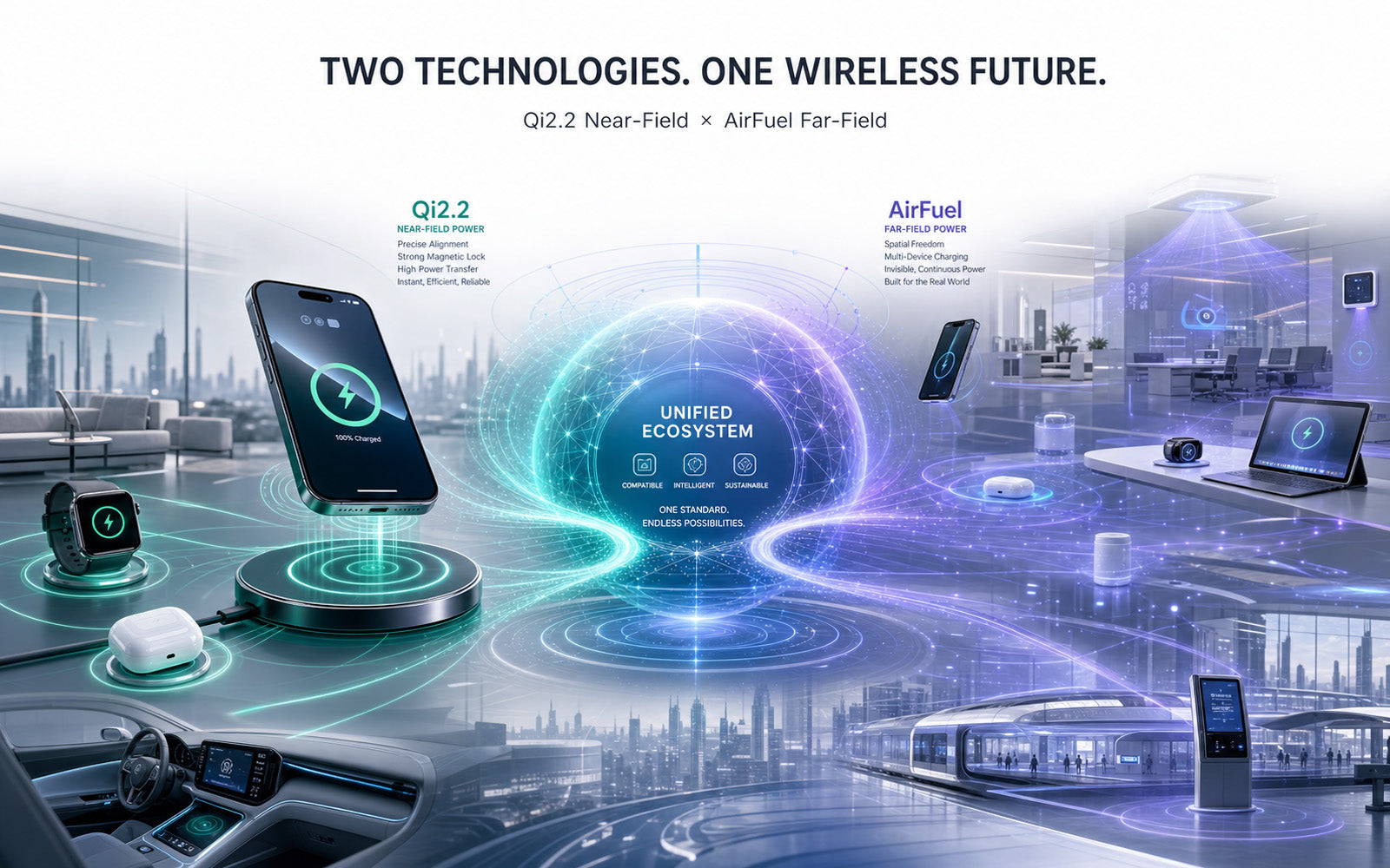 Elecdov wireless charging ecosystem showing Qi2.2 near-field and AirFuel far-field integration