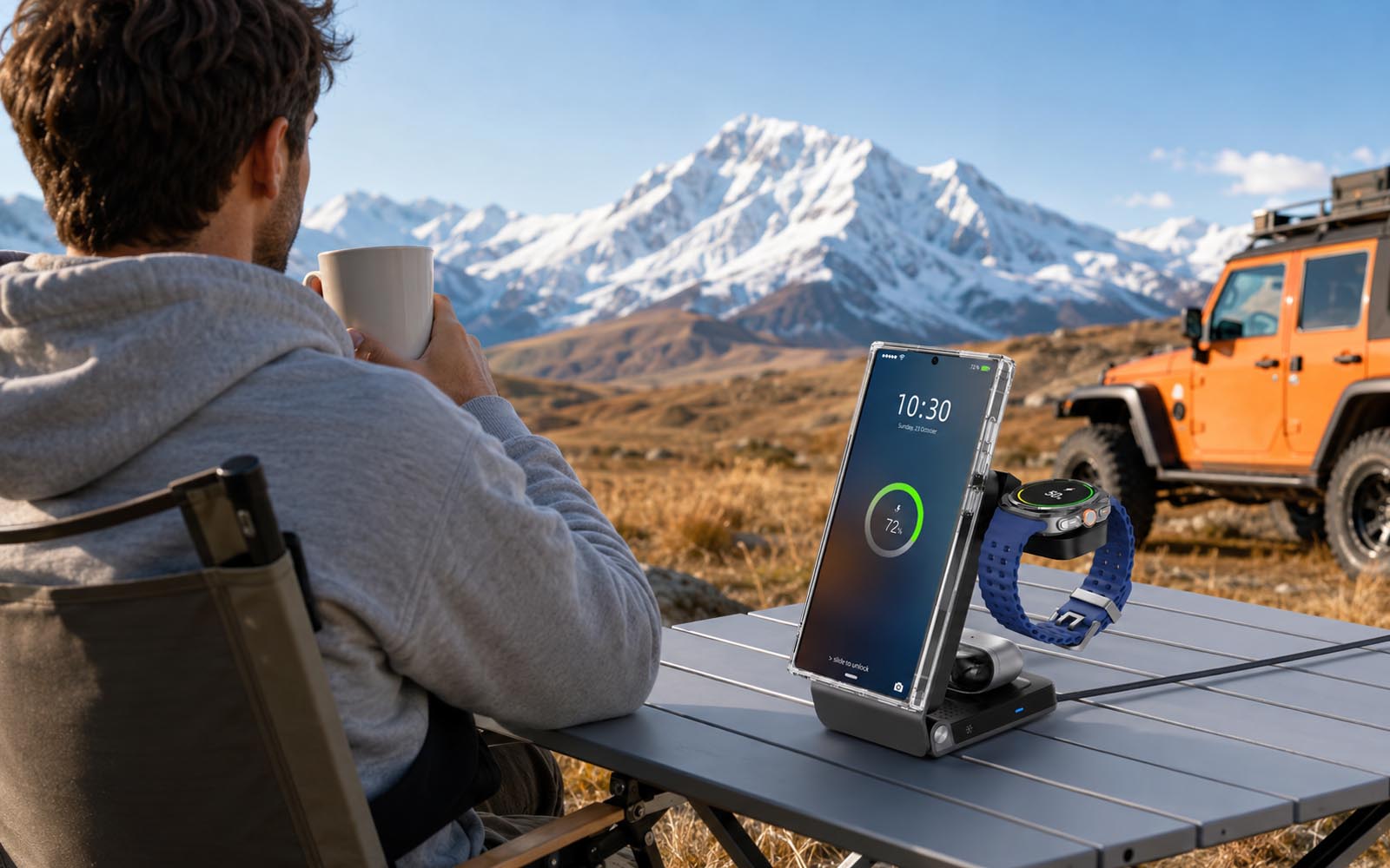 Portable three-in-one wireless charger in an outdoor travel scene