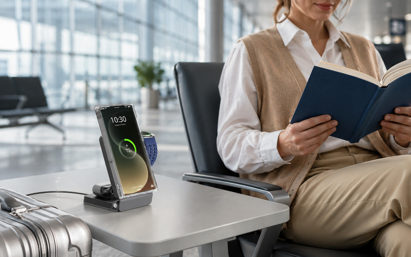 Passenger waiting in an airport lounge with an Elecdov W103S Qi2 magnetic charging stand