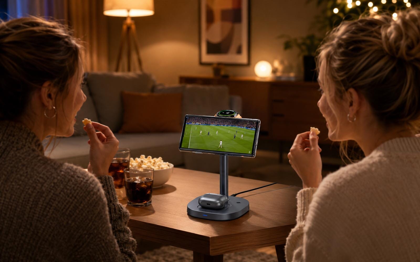 Elecdov W98S wireless charging stand in cozy home entertainment setting