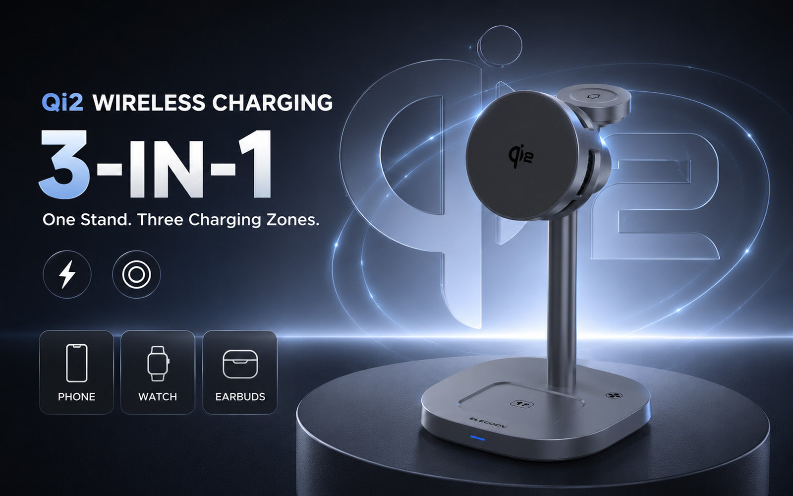 Elecdov W98S Qi2 3-in-1 charging station showcased on a glowing blue futuristic background