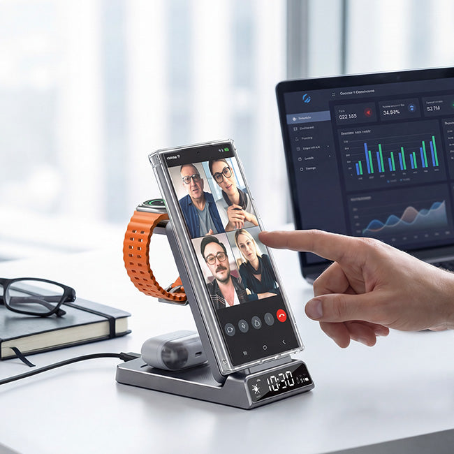 Multi-device charging station on an office desk during a video conference