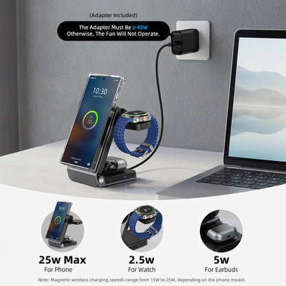 Wireless Charger for Samsung – Magnetic Qi2 Charger with Active Cooling, 3 in 1 Foldable Charging Station for Samsung Galaxy S26 Ultra, Galaxy Watch 8 & Buds4, for Android Devices, Desk & Nightstand
