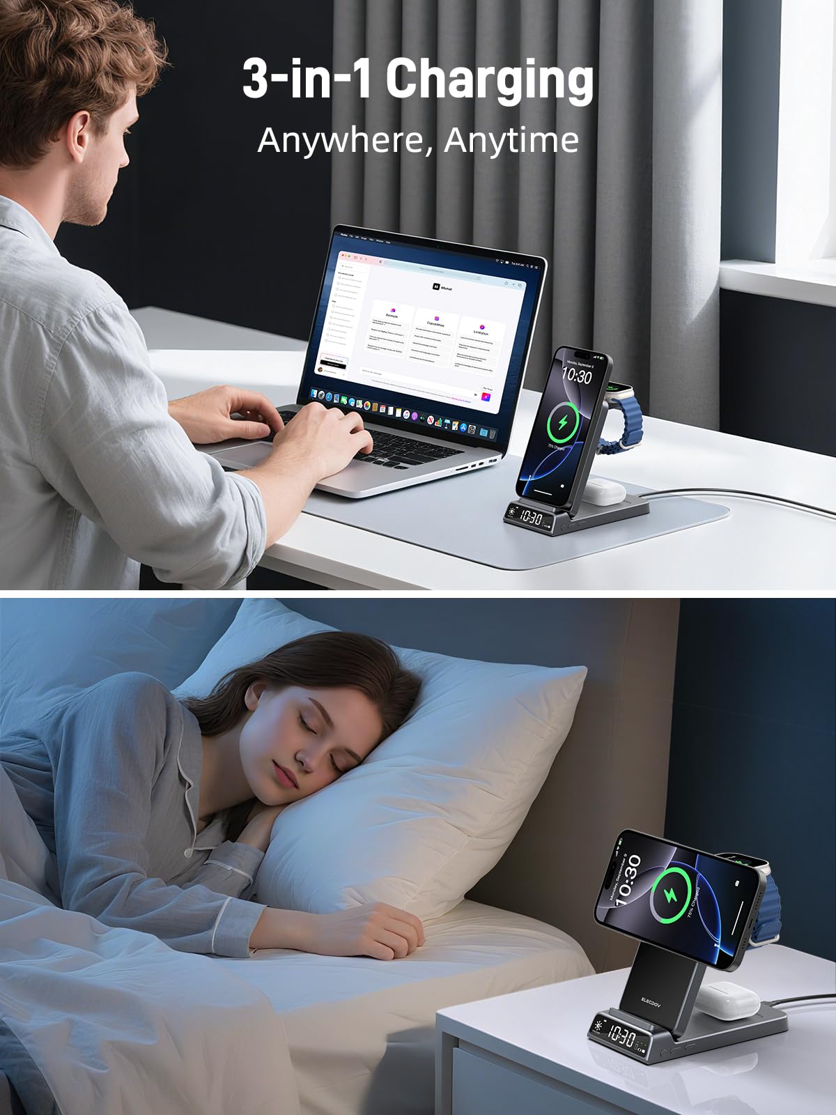 Elecdov Magnetic 3 in 1 Charging Station with Clock for Apple Devices